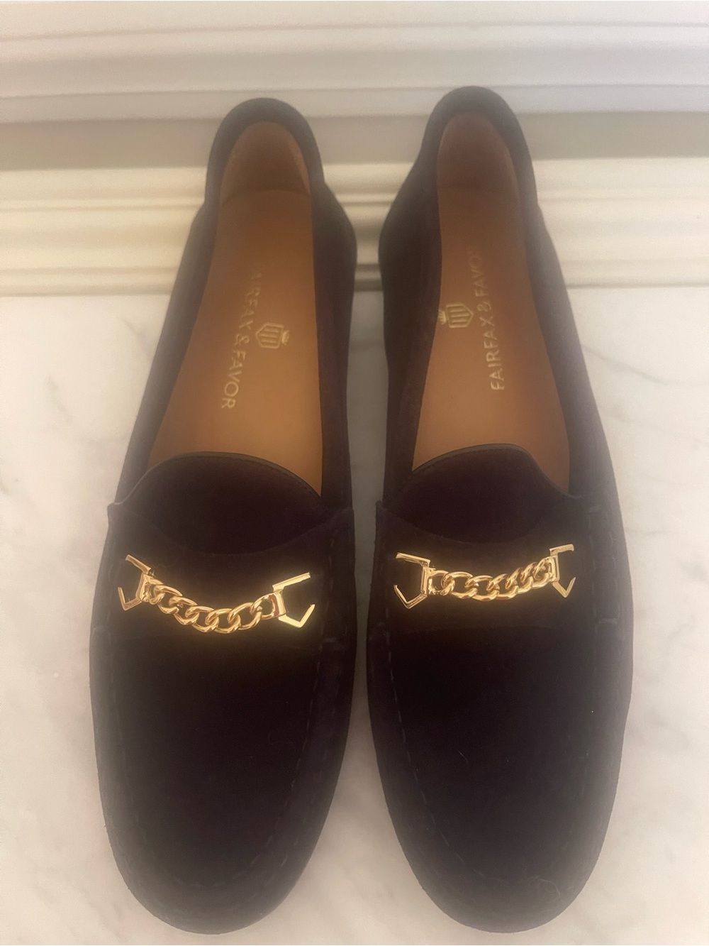 Fairfax & Favor Black Suede Loafers with Gold Chain Accent